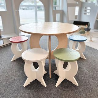 Posh Po Stellar Table, Moon Stool, Earth Stool, Mars Stool, and Neptune Stool on DLK