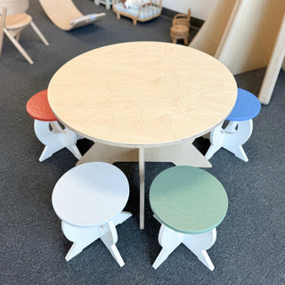 Posh Po Stellar Table, Moon Stool, Earth Stool, Mars Stool, and Neptune Stool on DLK